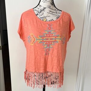 💗Vibrant Coral Aztec Fringe Crop Top